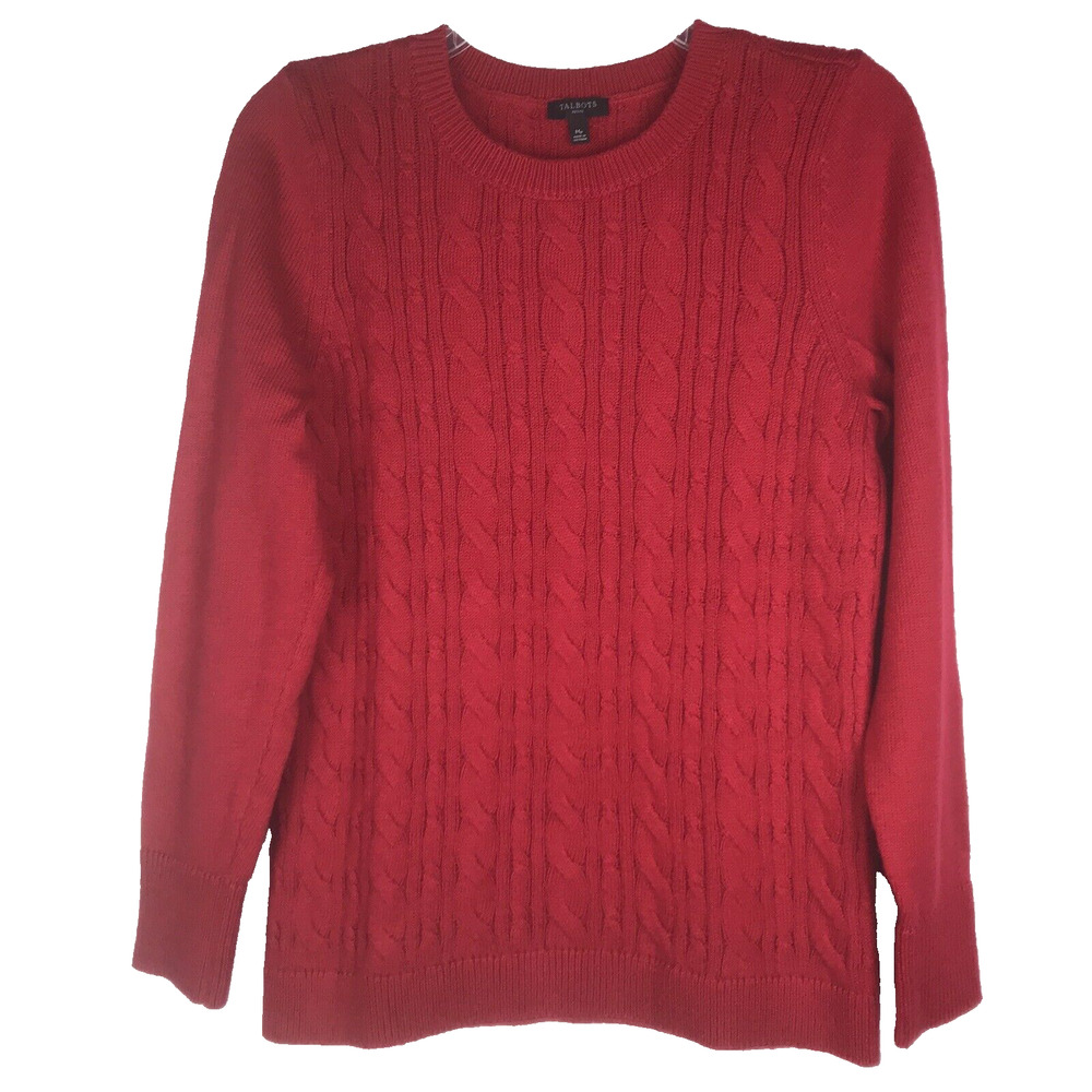 Talbots Cable Knit Sweater Red Button Cuffs Crew Neck Cotton Blend Petite Medium